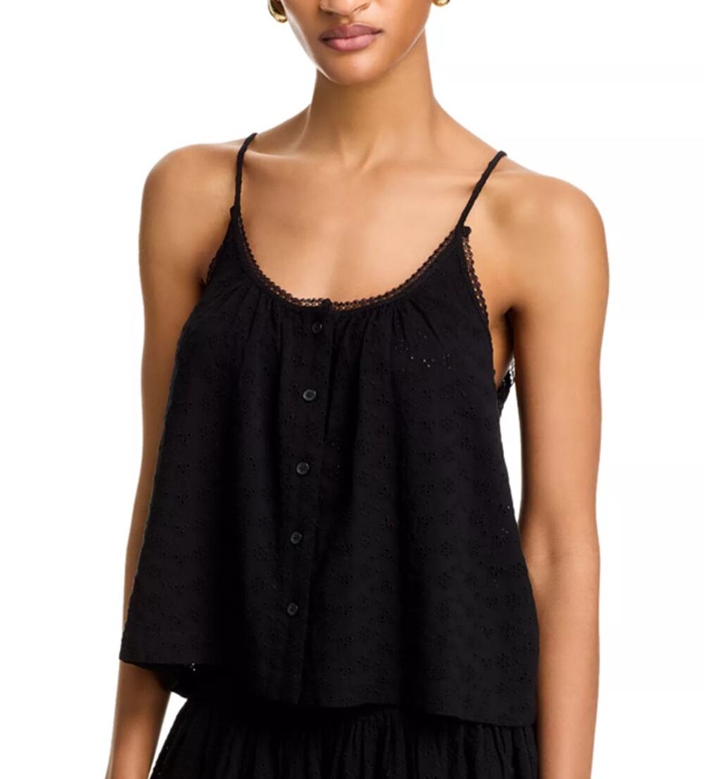 WAYF Women Black Viscose Eyelet Zoe Front Button Spaghetti Cami Top Size XS